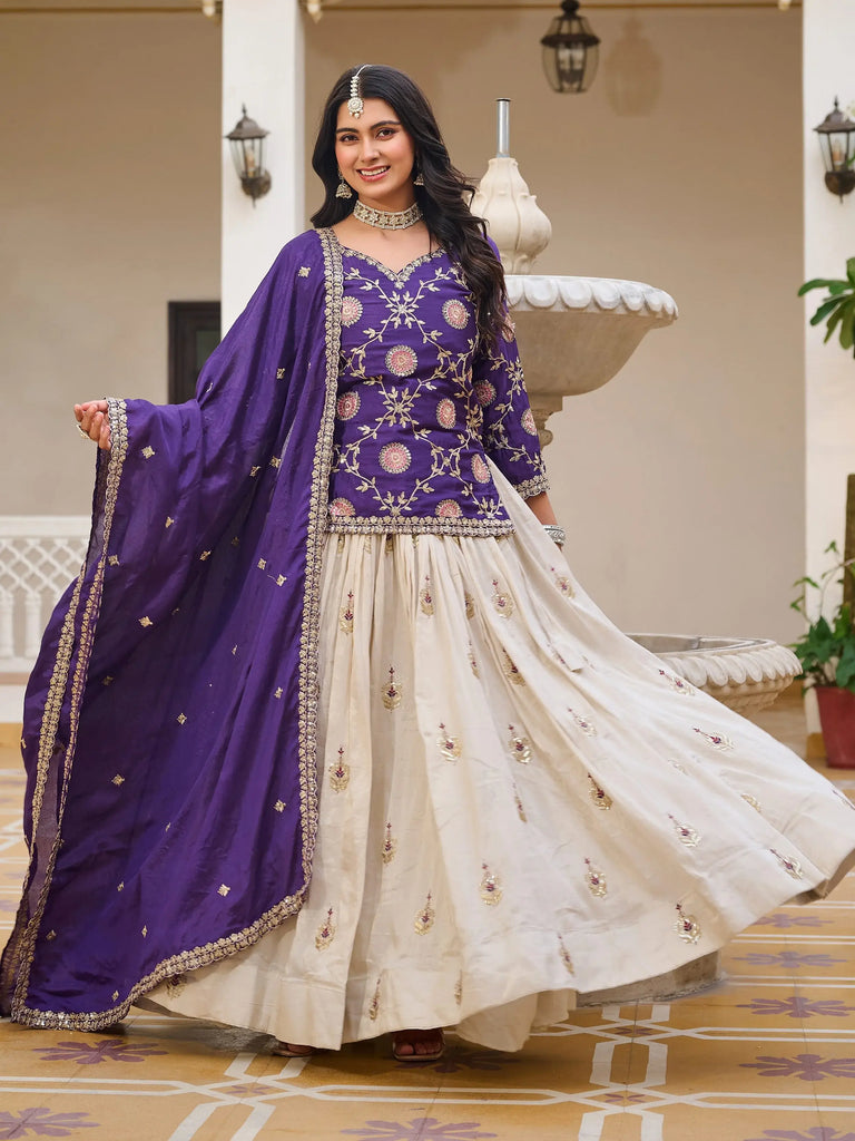Impressive Purple Sequins Embroidered Chinon Lehenga With Long Choli