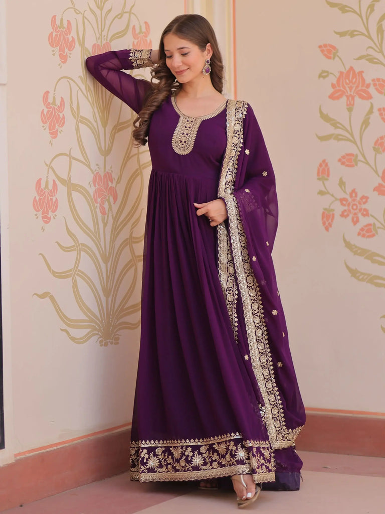 Amazing Purple Sequins Embroidered Georgette Gown With Dupatta