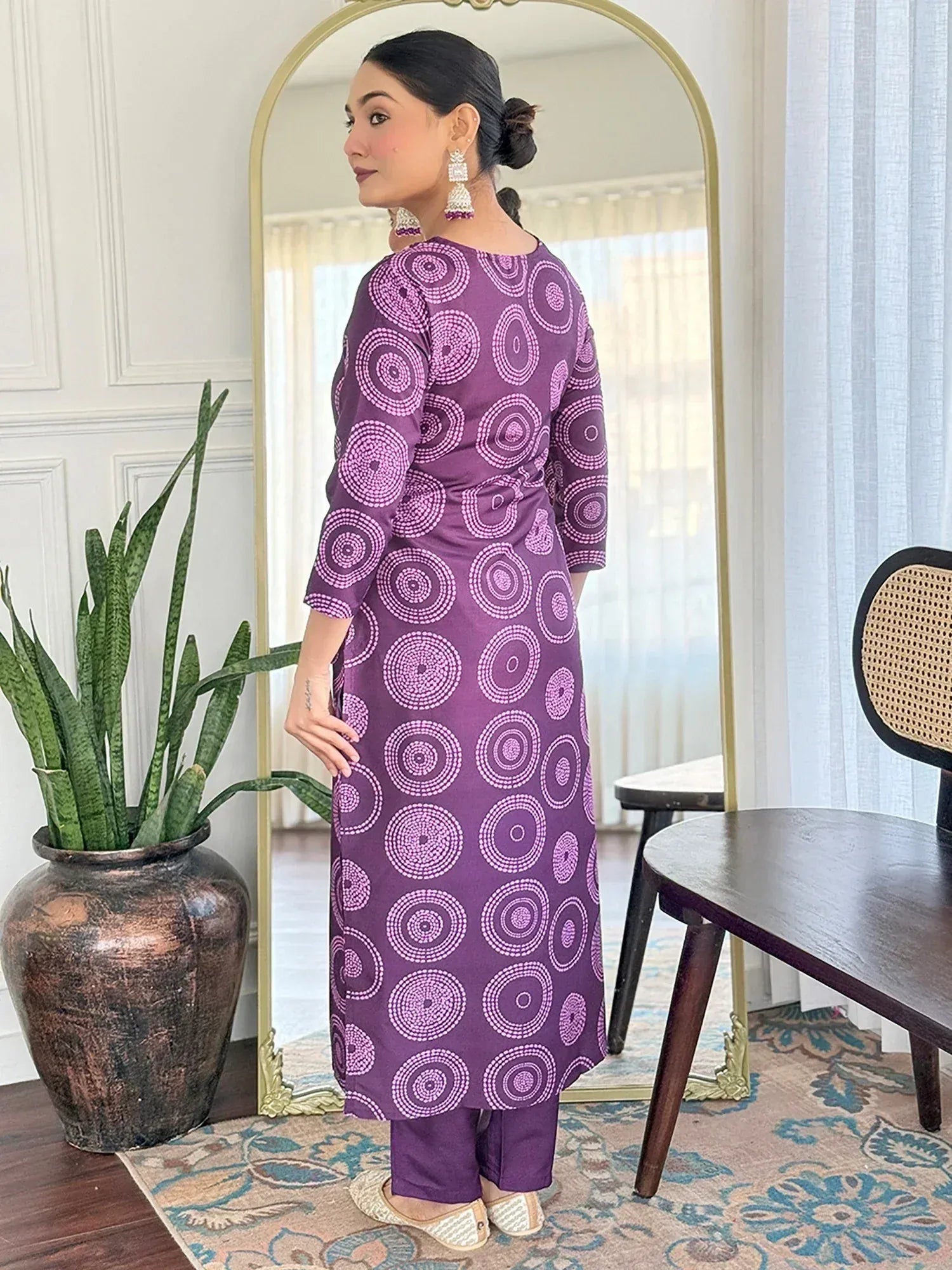 Purple printed kurta with matching pants, ethnic Indian wear for women, stylish salwar kameez set