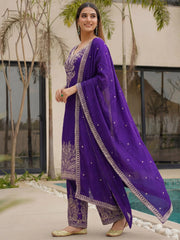 Enchanting Purple Embroidered Chinon Function Wear Palazzo Suit