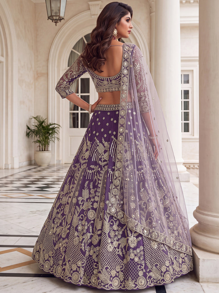 Rich Purple Embroidered Net Cocktail Wear Lehenga Choli With Dupatta