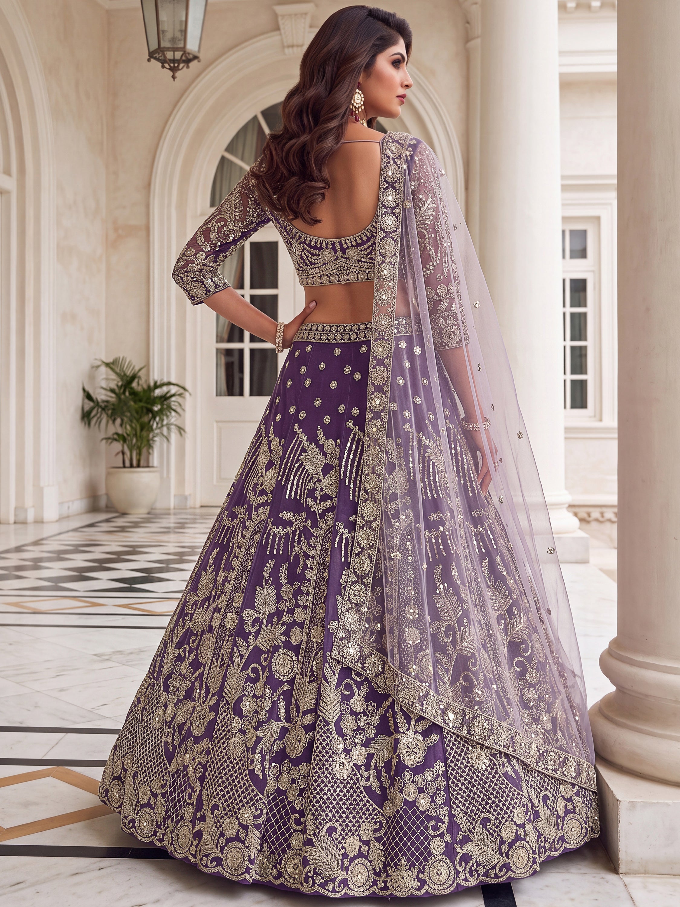 Rich Purple Embroidered Net Cocktail Wear Lehenga Choli With Dupatta