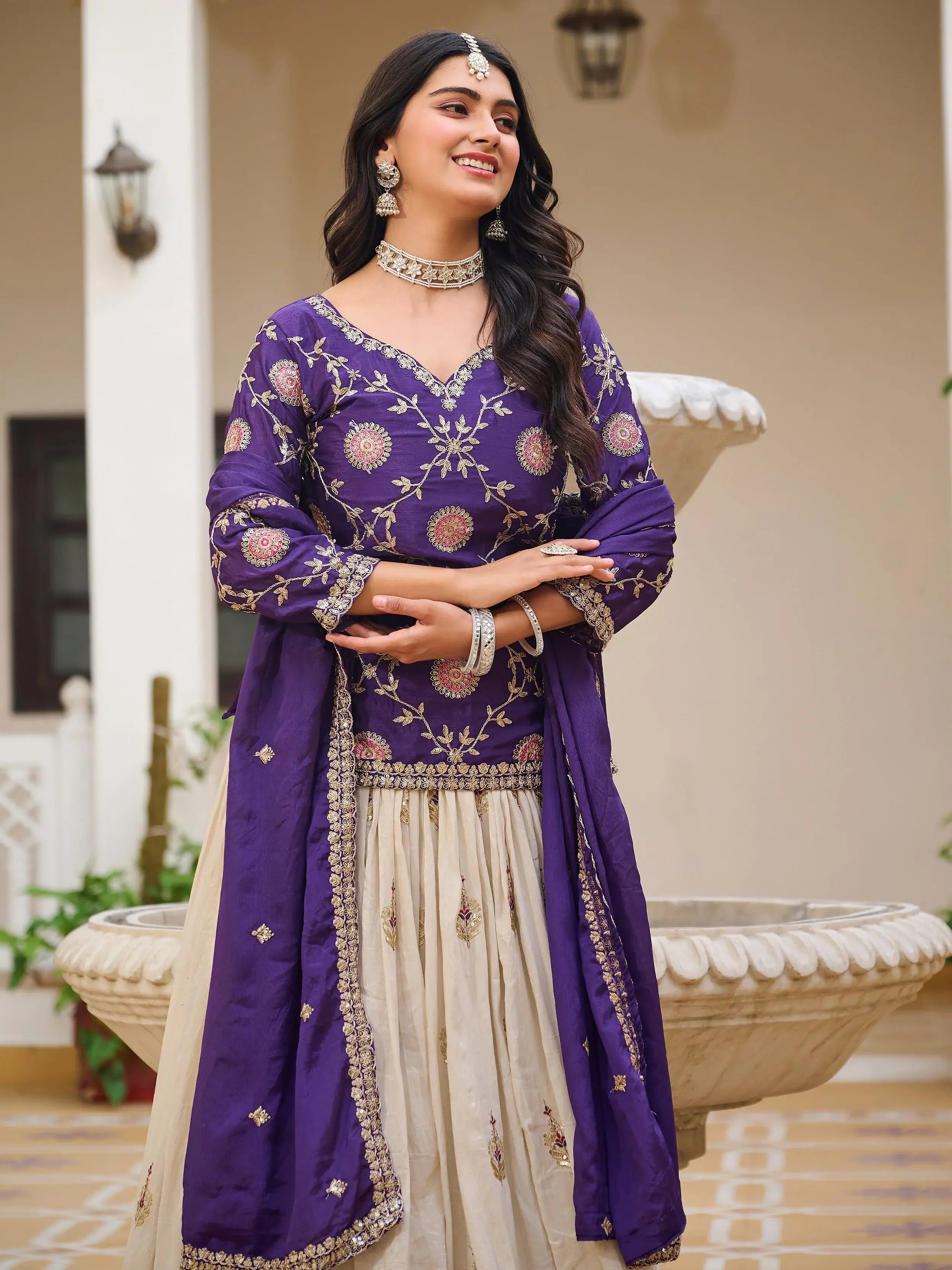 Impressive Purple Sequins Embroidered Chinon Lehenga With Long Choli