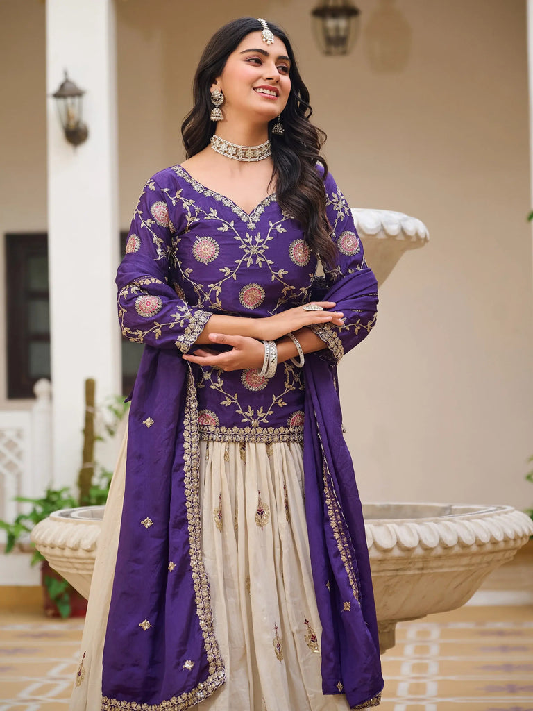 Impressive Purple Sequins Embroidered Chinon Lehenga With Long Choli