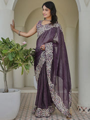 Classic Purple Sequins Organza Festive Wear Saree With Blouse