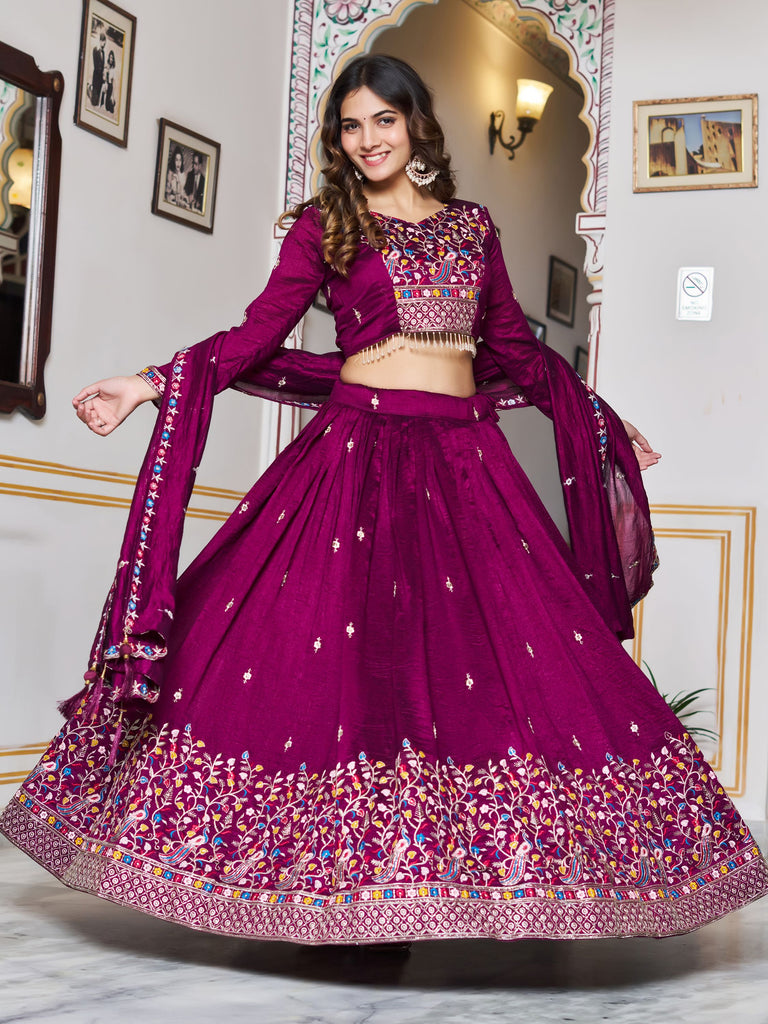 Gorgeous Purple Thread Embroidered Silk Wedding Wear Lehenga Choli 