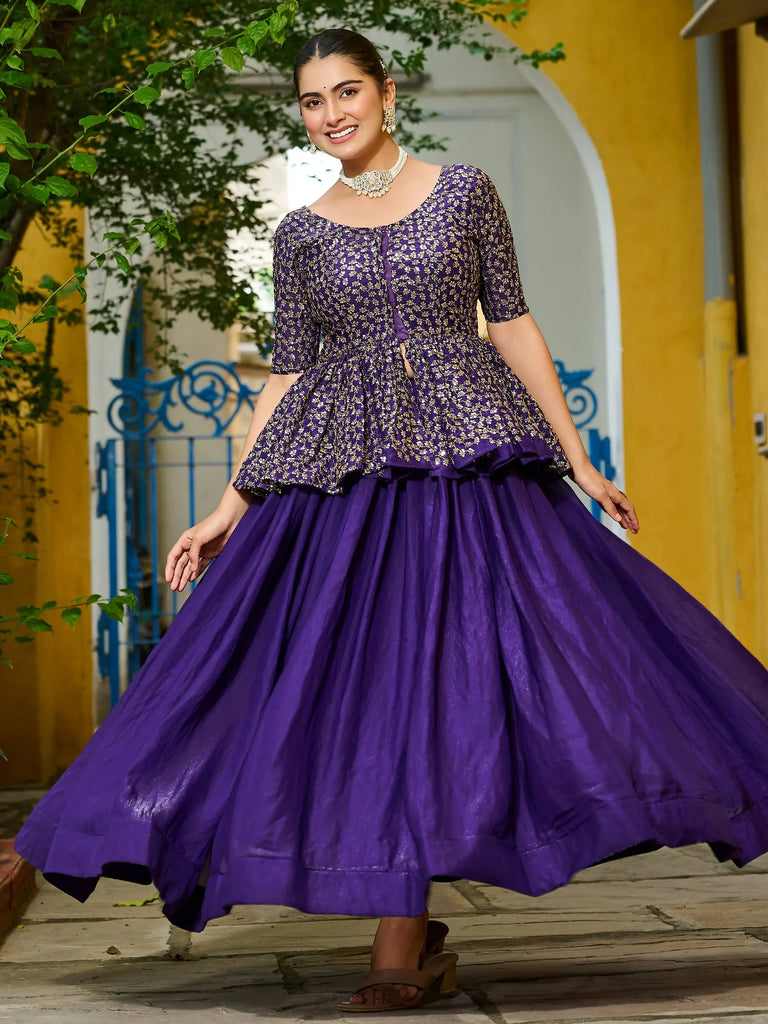 Fascinating Purple Silk Embroidered Peplum Top With Lehenga