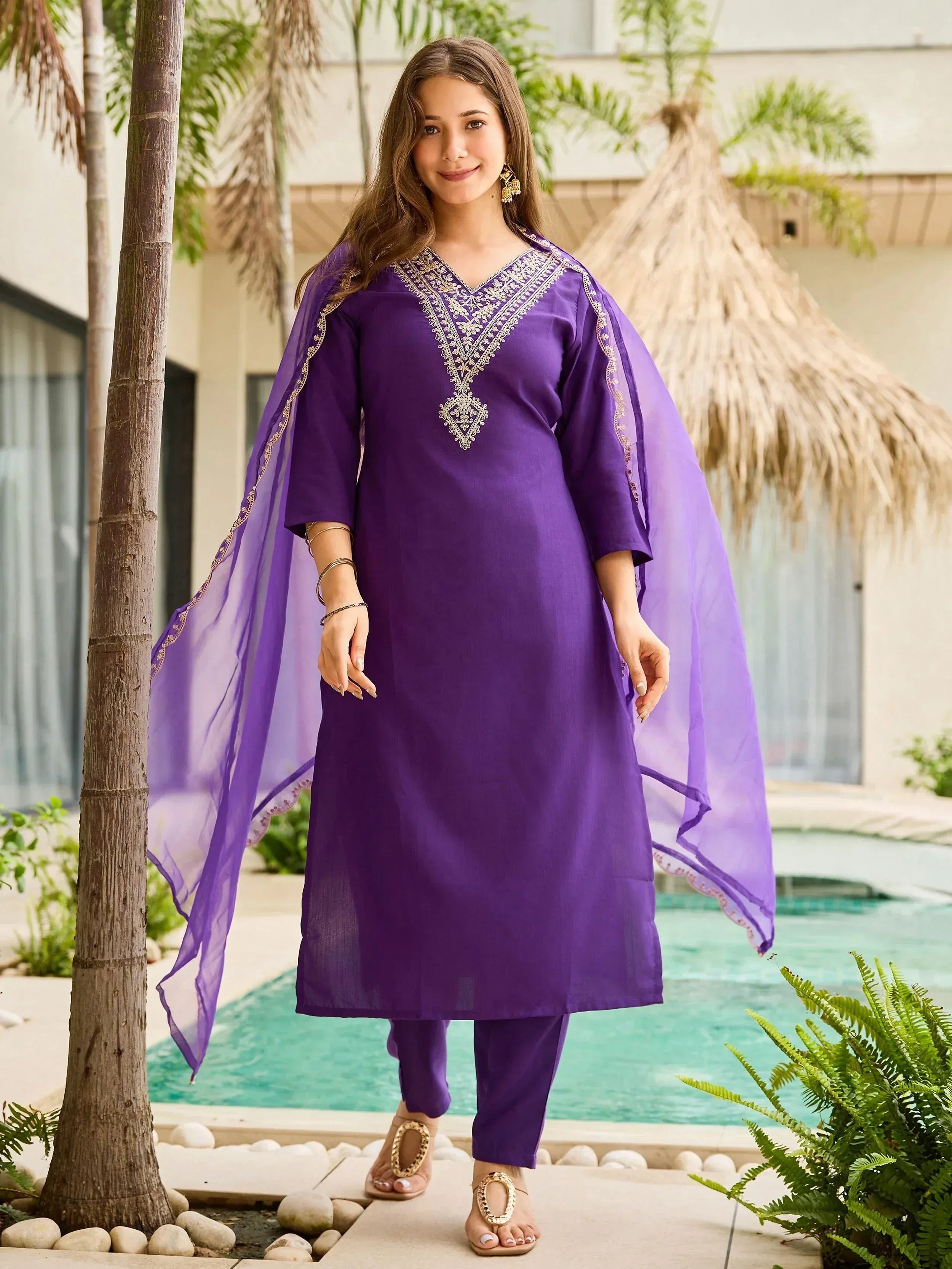 Purple embroidered kurta set with matching dupatta, ideal for ethnic occasions and festive wear.