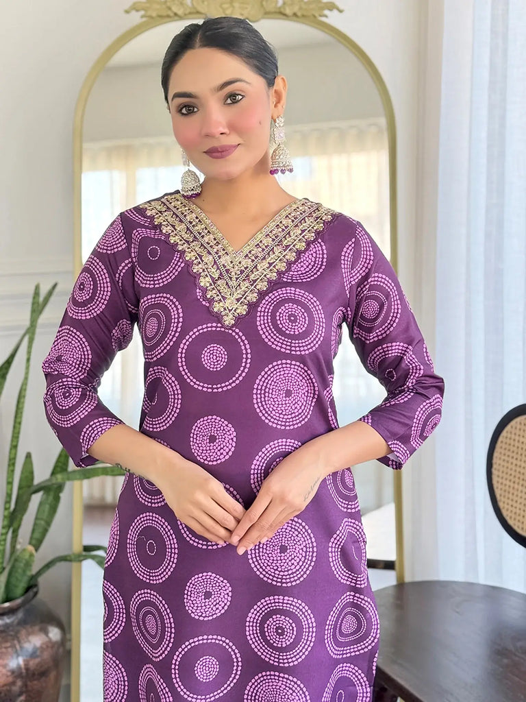 Mesmerizing Purple Rayon Printed Festival Wear Straight Suit