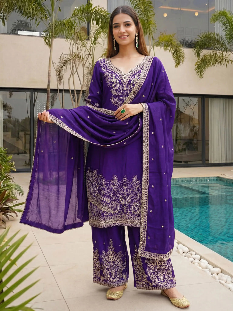 Enchanting Purple Embroidered Chinon Function Wear Palazzo Suit