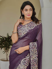 Classic Purple Sequins Organza Festive Wear Saree With Blouse
