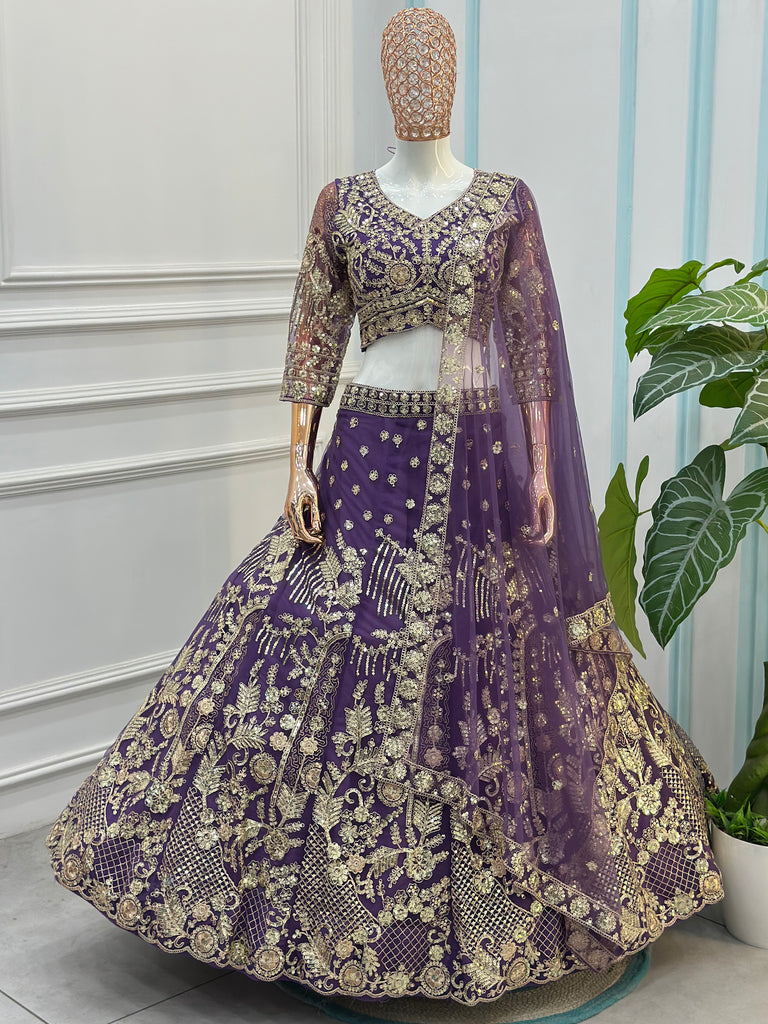 Rich Purple Embroidered Net Cocktail Wear Lehenga Choli With Dupatta