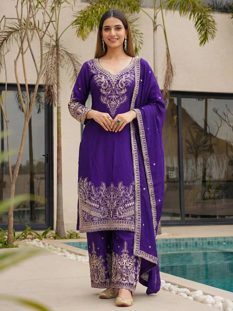 Enchanting Purple Embroidered Chinon Function Wear Palazzo Suit