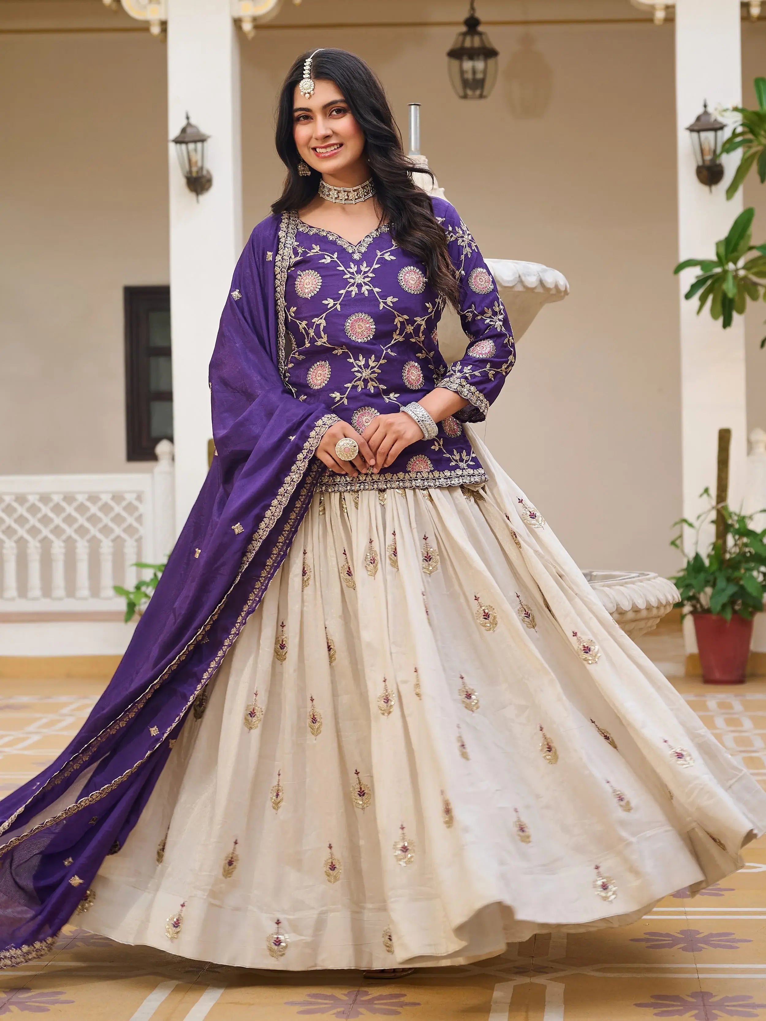 Impressive Purple Sequins Embroidered Chinon Lehenga With Long Choli