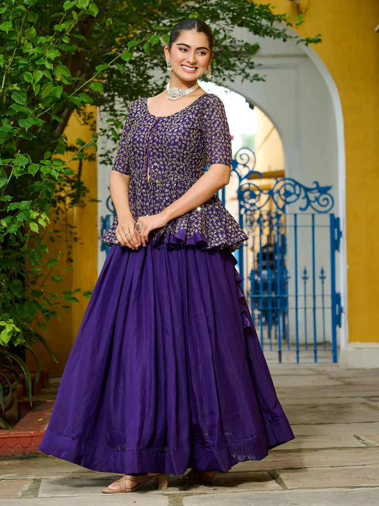 Fascinating Purple Silk Embroidered Peplum Top With Lehenga