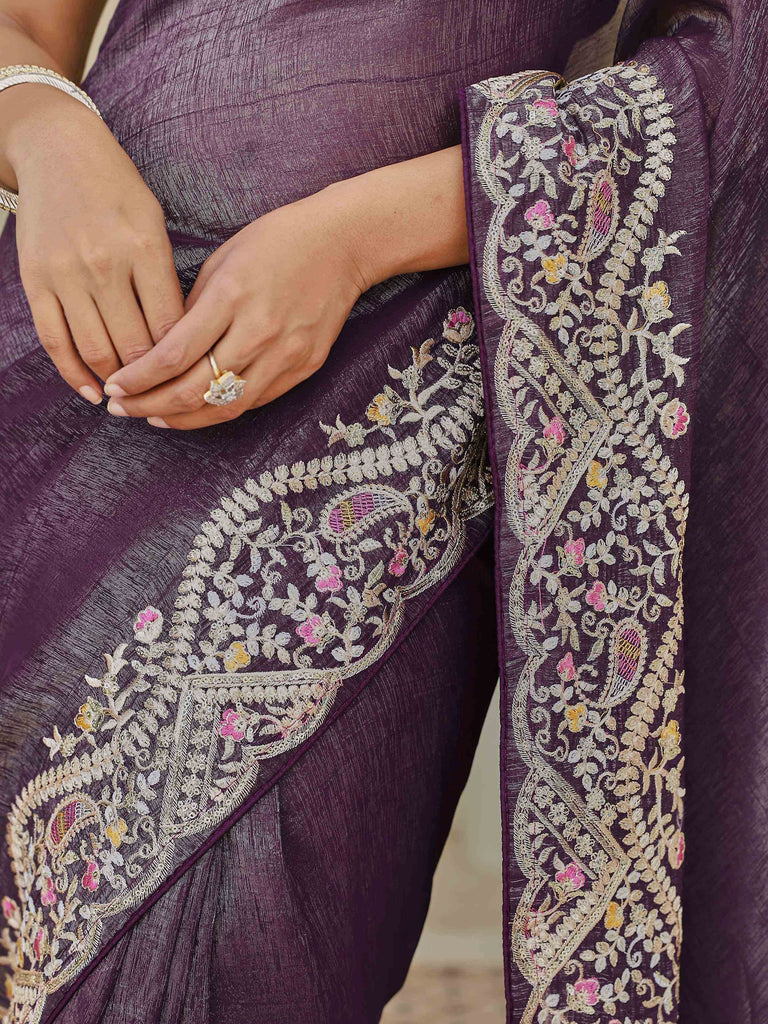 Classic Purple Sequins Organza Festive Wear Saree With Blouse