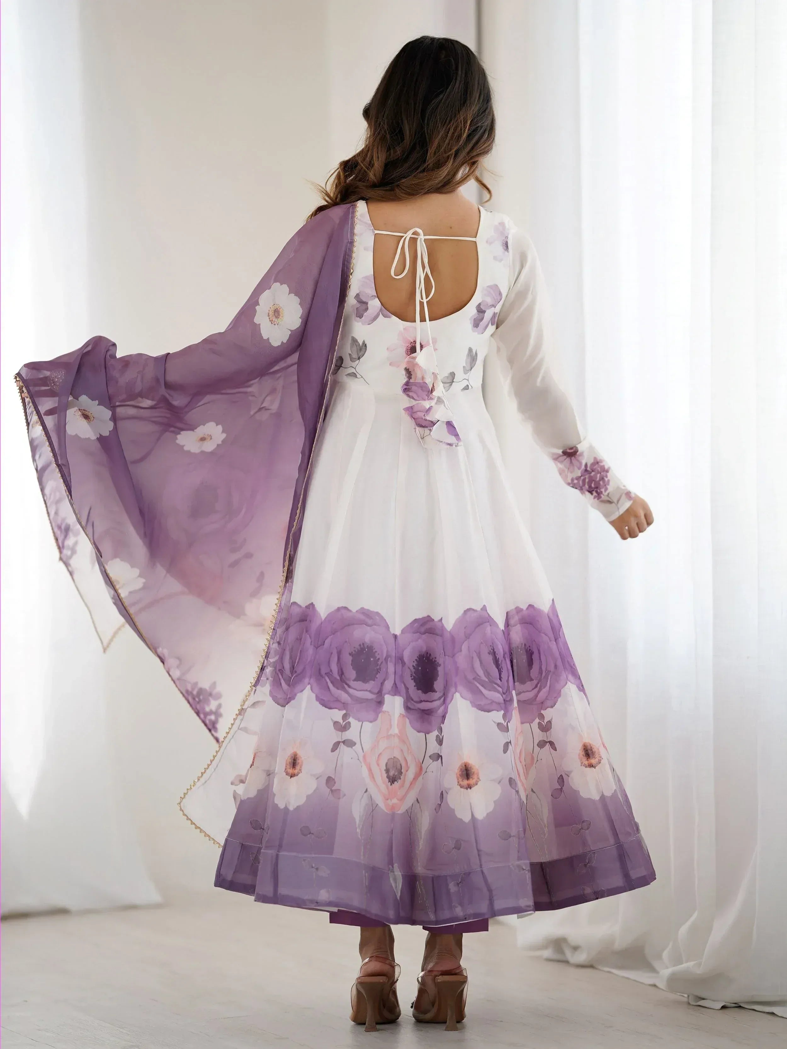 White and purple floral anarkali gown with matching dupatta, ethnic Indian wear for women