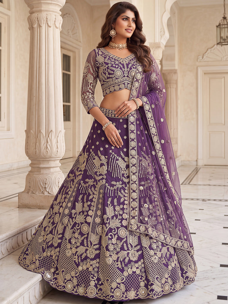 Rich Purple Embroidered Net Cocktail Wear Lehenga Choli With Dupatta