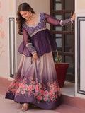 Beautiful Purple Organza Floral Printed Lehenga With Peplum Top