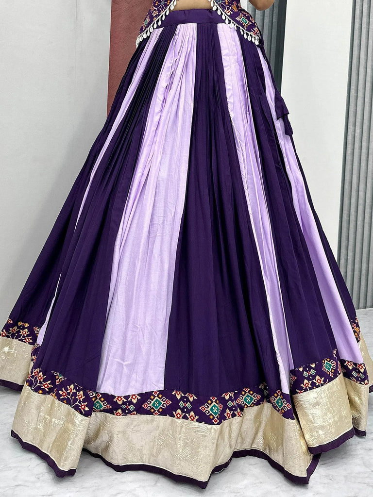 Purple and lavender striped lehenga choli with embroidered border and gold trim, Indian ethnic wear