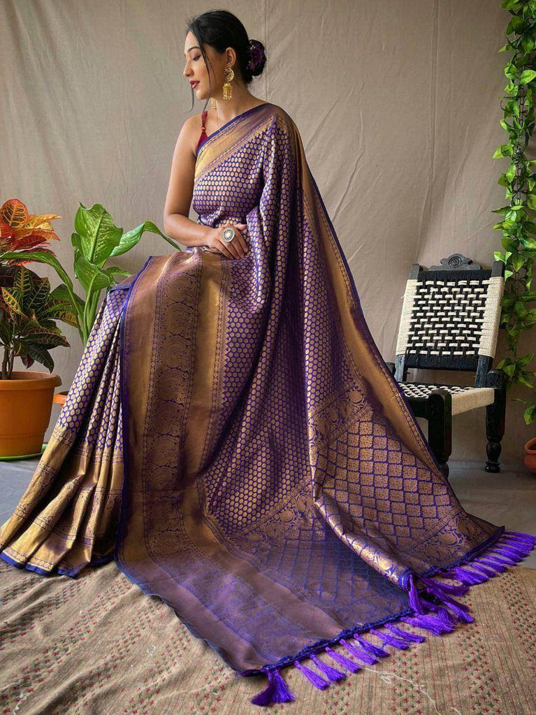Impressive Purple Jacquard Kanjeevaram Silk Festive Saree With Blouse