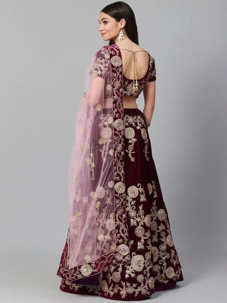 Purple & Golden Semi-Stitched Myntra Party Wear Lehenga & Unstitched Blouse with Dupatta