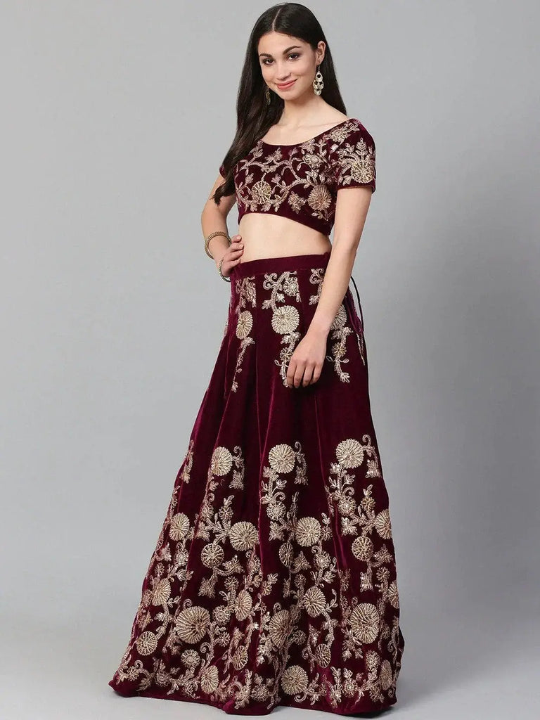 Purple & Golden Semi-Stitched Myntra Party Wear Lehenga & Unstitched Blouse with Dupatta