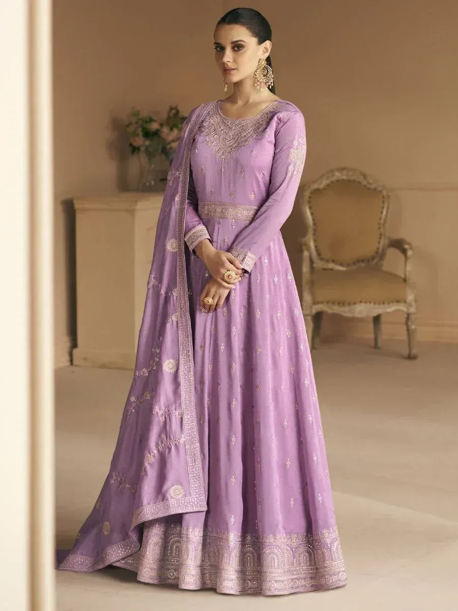 Lavender designer anarkali suit with gold embroidery, perfect for Indian ethnic occasions