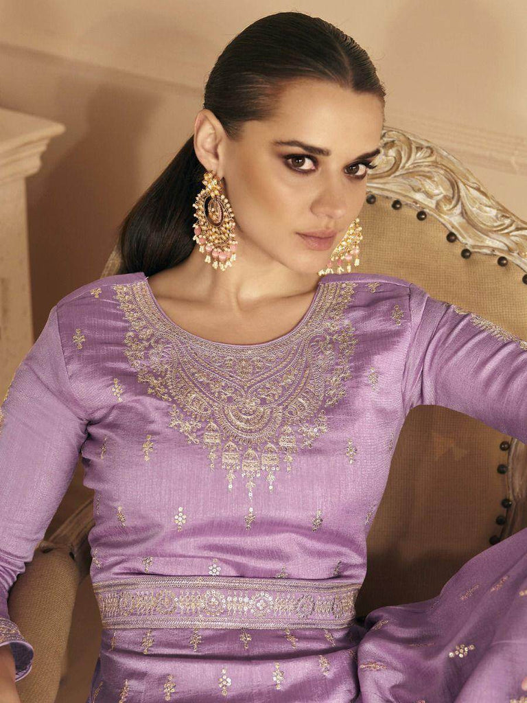 Remarkable Purple Sequins Embroidery Silk Reception Wear Gown