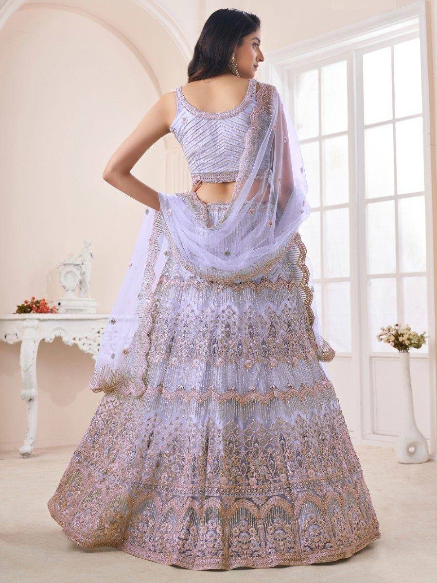 Lavender designer lehenga choli with gold embroidery, perfect for weddings and festive occasions