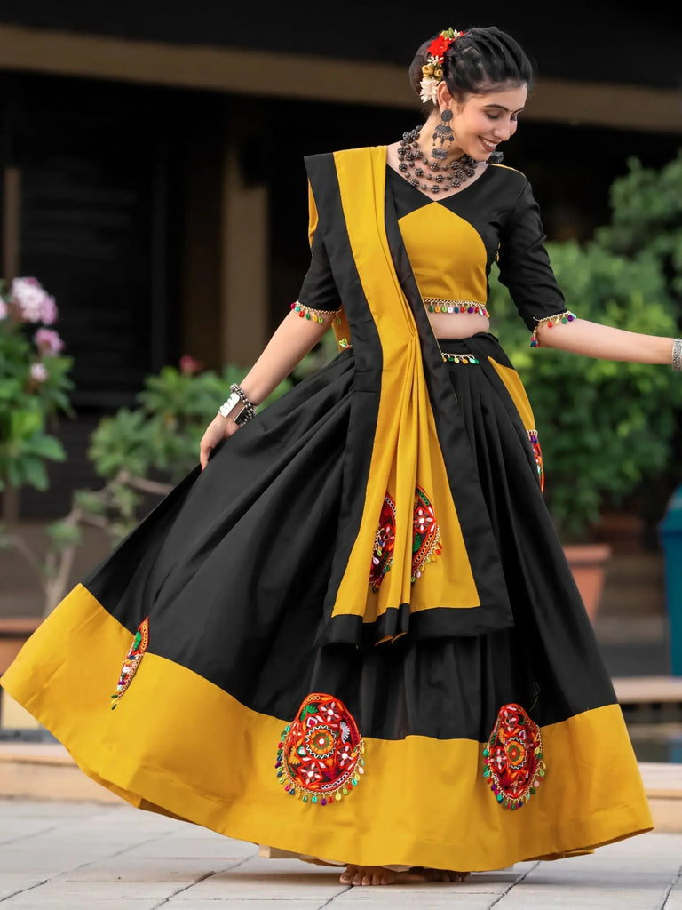 Awesome Black & Yellow Gamthi Work Cotton Navratri Lehenga Choli