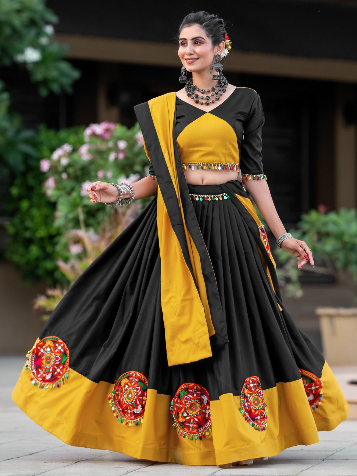 Awesome Black & Yellow Gamthi Work Cotton Navratri Lehenga Choli