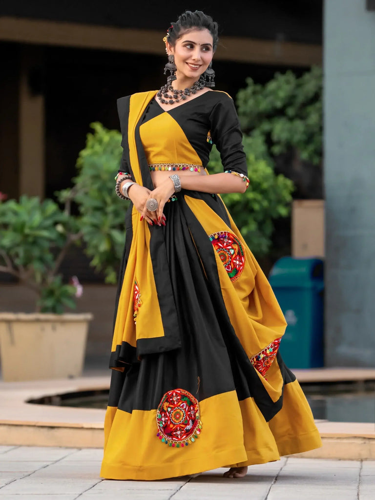 Awesome Black & Yellow Gamthi Work Cotton Navratri Lehenga Choli