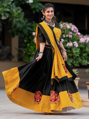 Awesome Black & Yellow Gamthi Work Cotton Navratri Lehenga Choli