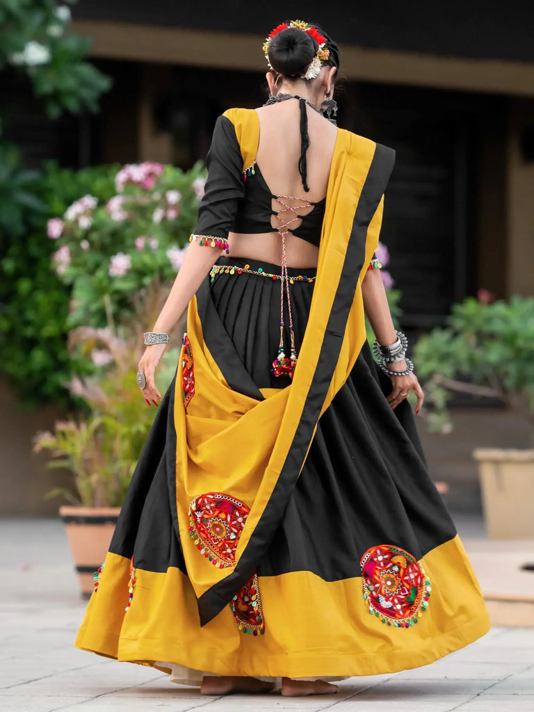 Awesome Black & Yellow Gamthi Work Cotton Navratri Lehenga Choli