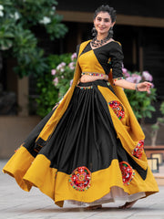Awesome Black & Yellow Gamthi Work Cotton Navratri Lehenga Choli