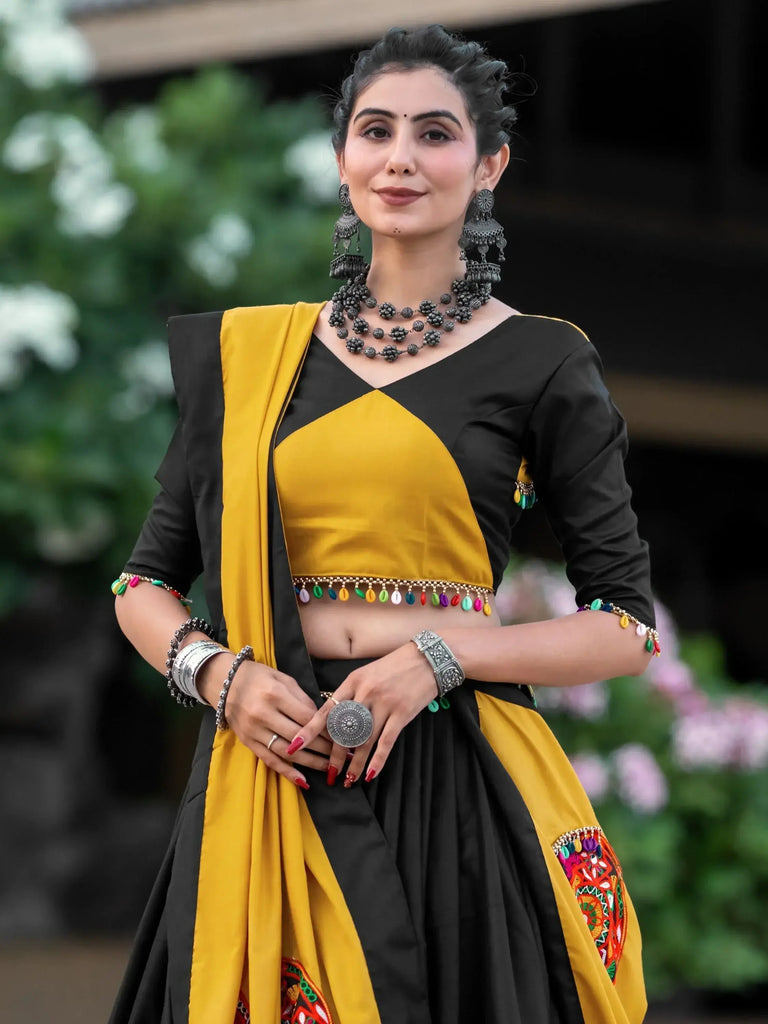 Awesome Black & Yellow Gamthi Work Cotton Navratri Lehenga Choli