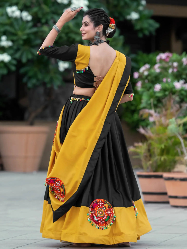 Awesome Black & Yellow Gamthi Work Cotton Navratri Lehenga Choli