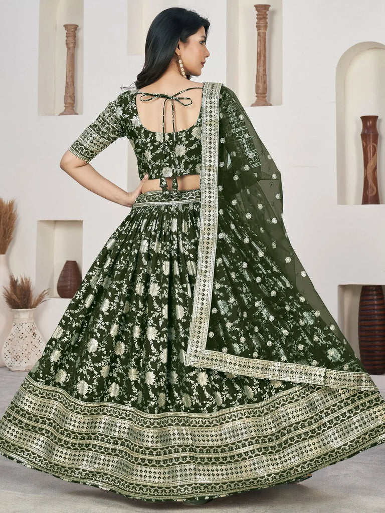 Lovely Green Zari Embroidered Jacquard Mehendi Wear Lehenga Choli