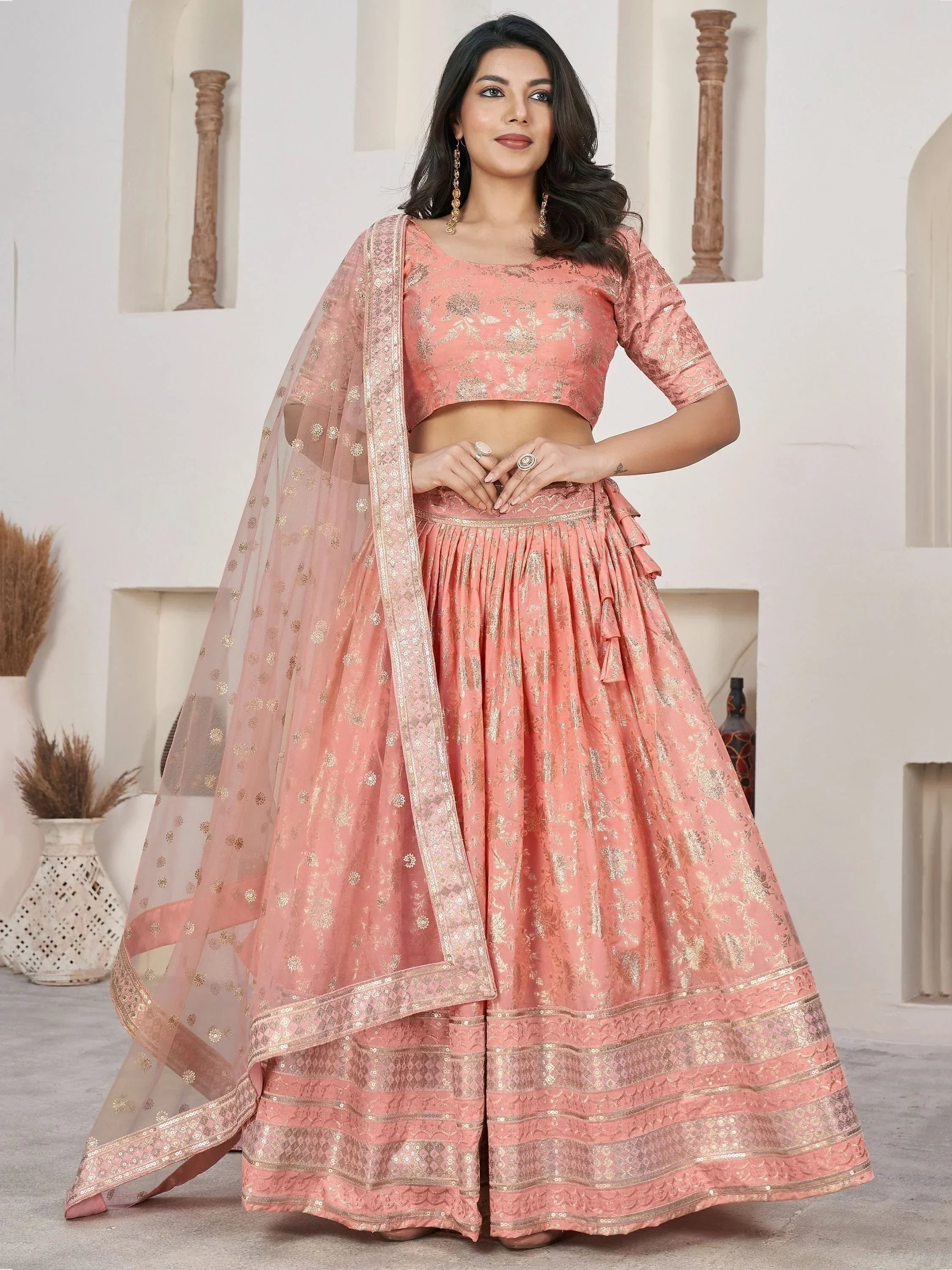 Pink floral lehenga choli with gold embroidery and dupatta, Indian ethnic wear for women