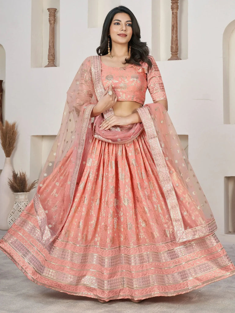 Magnetic Peach Zari Embroidered Jacquard Bridesmaid Lehenga Choli