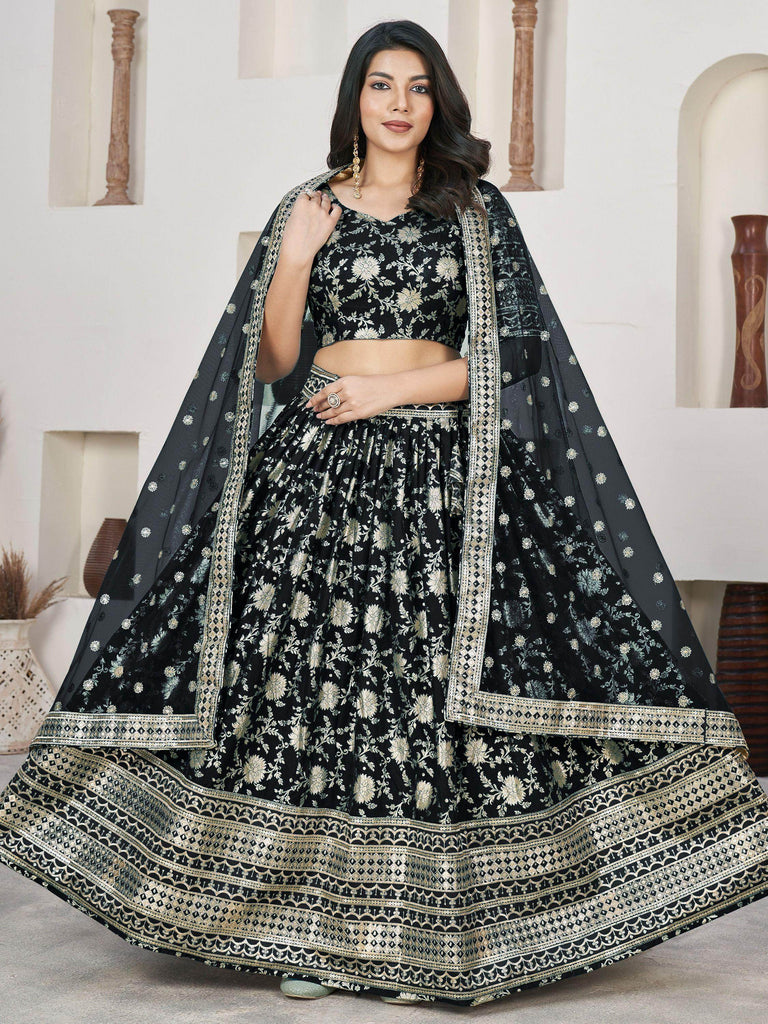 Precious Black Zari Embroidered Jacquard Reception Wear Lehenga Choli