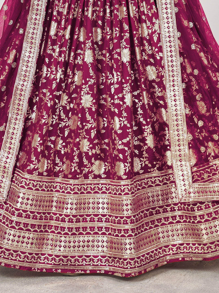 Beautiful Rani Pink Zari Embroidered Jacquard Wedding Lehenga Choli