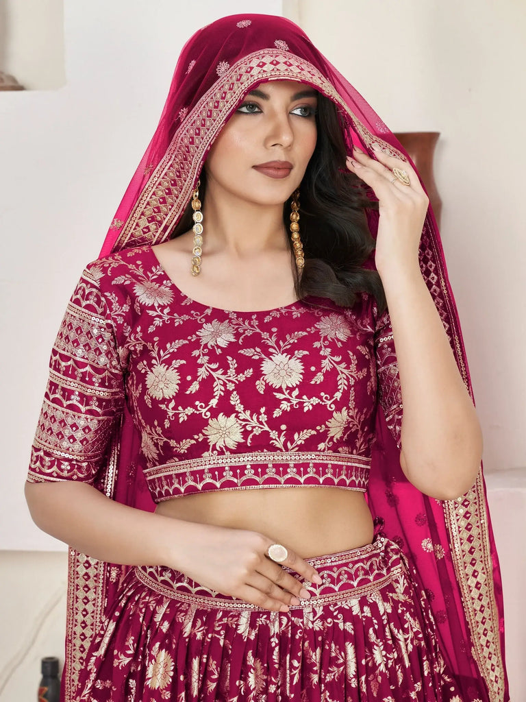 Beautiful Rani Pink Zari Embroidered Jacquard Wedding Lehenga Choli