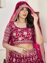 Beautiful Rani Pink Zari Embroidered Jacquard Wedding Lehenga Choli