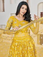 Stunning Yellow Zari Embroidered Jacquard Haldi Wear Lehenga Choli