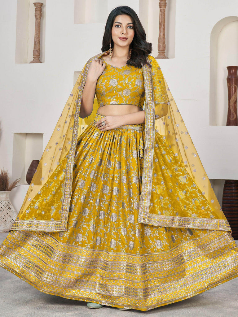 Stunning Yellow Zari Embroidered Jacquard Haldi Wear Lehenga Choli