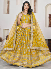 Stunning Yellow Zari Embroidered Jacquard Haldi Wear Lehenga Choli