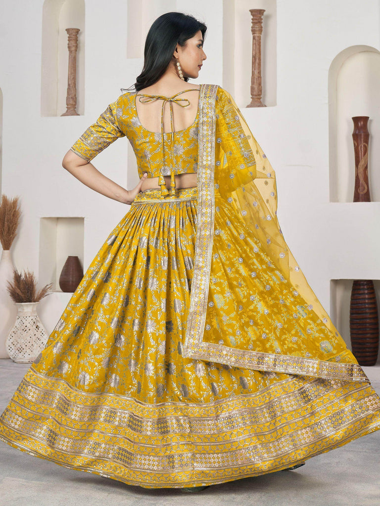 Stunning Yellow Zari Embroidered Jacquard Haldi Wear Lehenga Choli