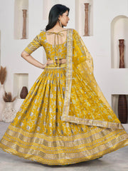 Stunning Yellow Zari Embroidered Jacquard Haldi Wear Lehenga Choli